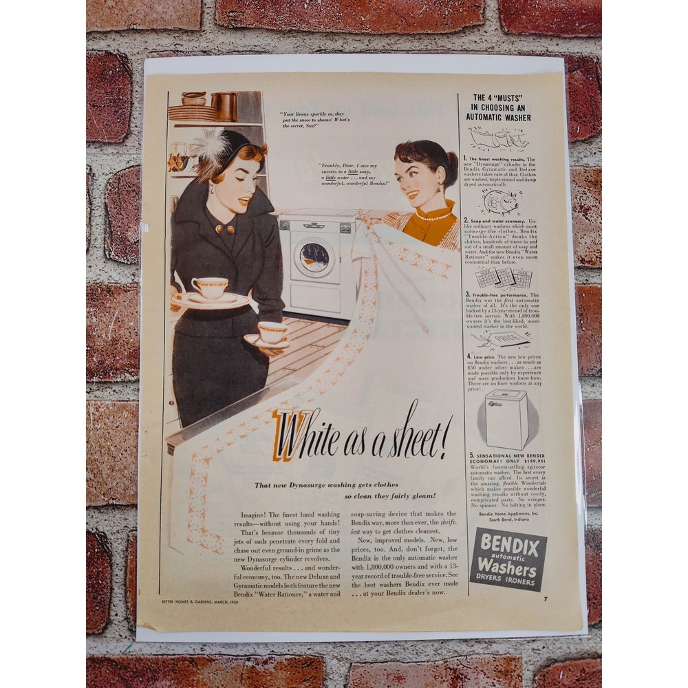 1950 Bendix Washer Ad Housewives Chatting White as a Sheet Vtg Ad‎ Ephemera